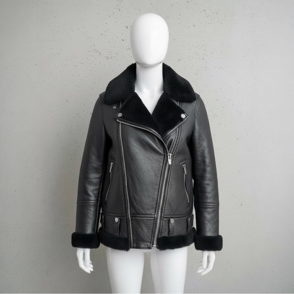 The Arrivals Moya III Shearling Leather Moto Jacket XL Gray Oversized Warm